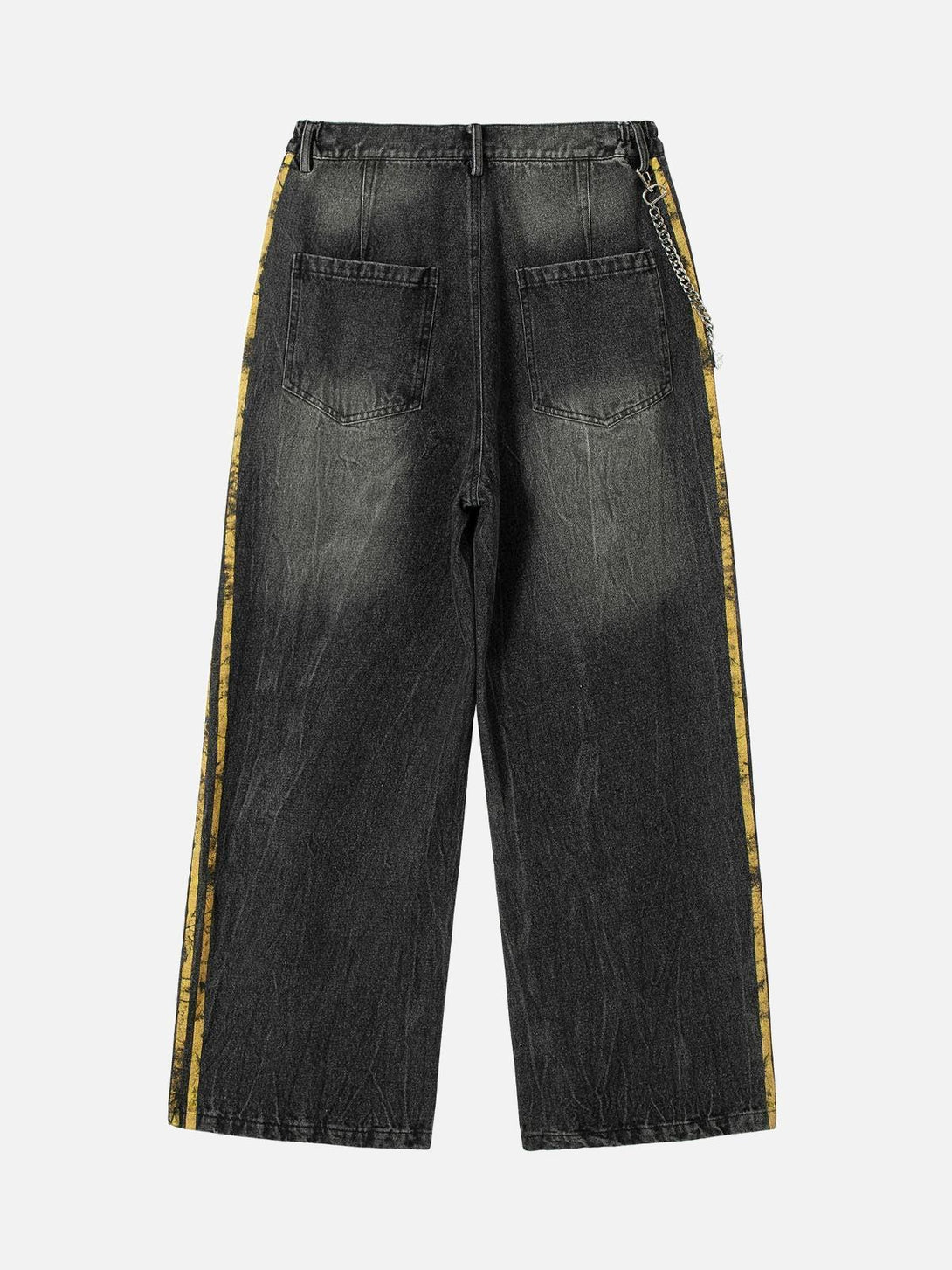Back view of distressed TALISHKO jeans featuring yellow side stripes and a chain accent.