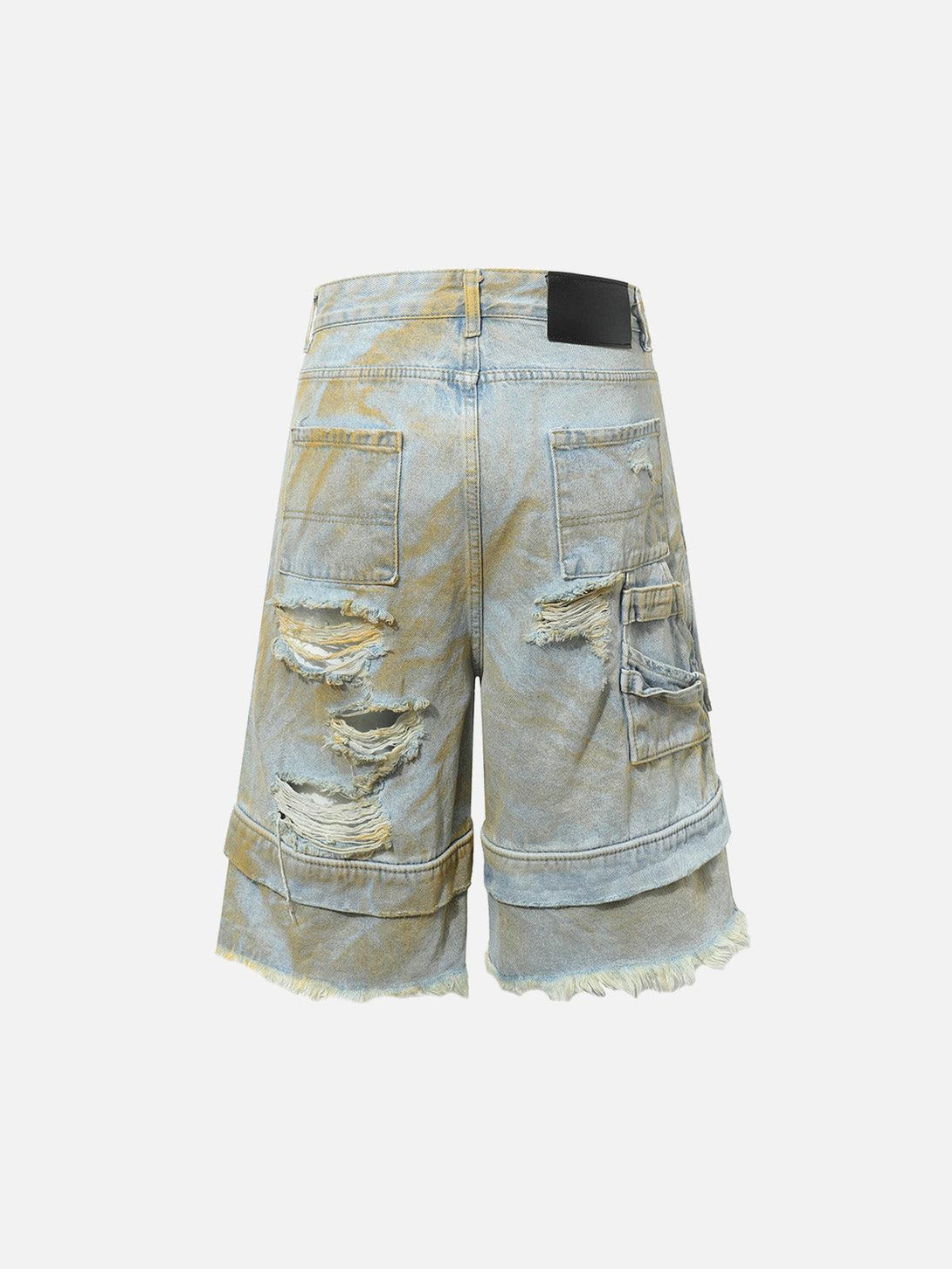 Back view of TALISHKO distressed tie-dye denim shorts with frayed edges and rugged details.