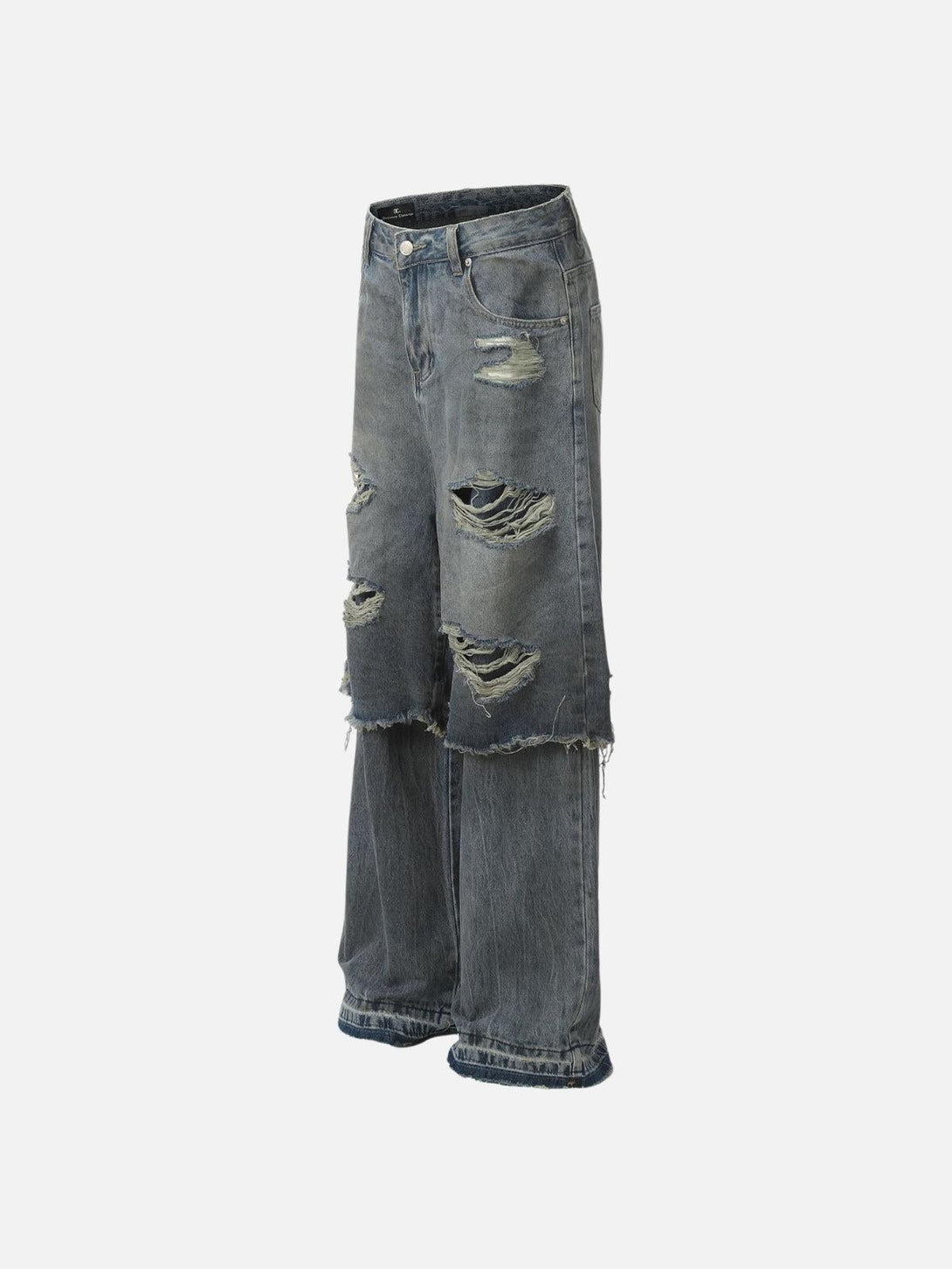TALISHKO's distressed baggy jeans feature a two-layer design with prominent rips and frays.