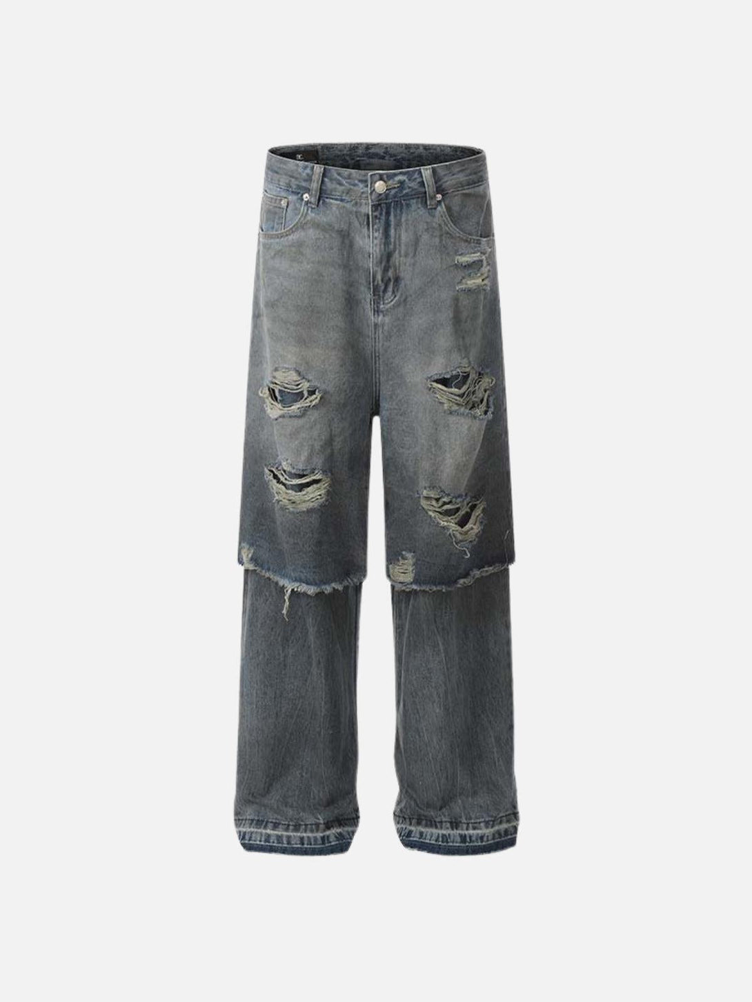 TALISHKO's distressed baggy jeans feature a unique two-layer design with frayed details.