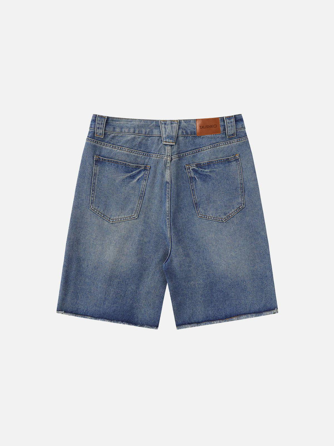 Back view of TALISHKO distressed denim jorts, highlighting the classic vintage design.
