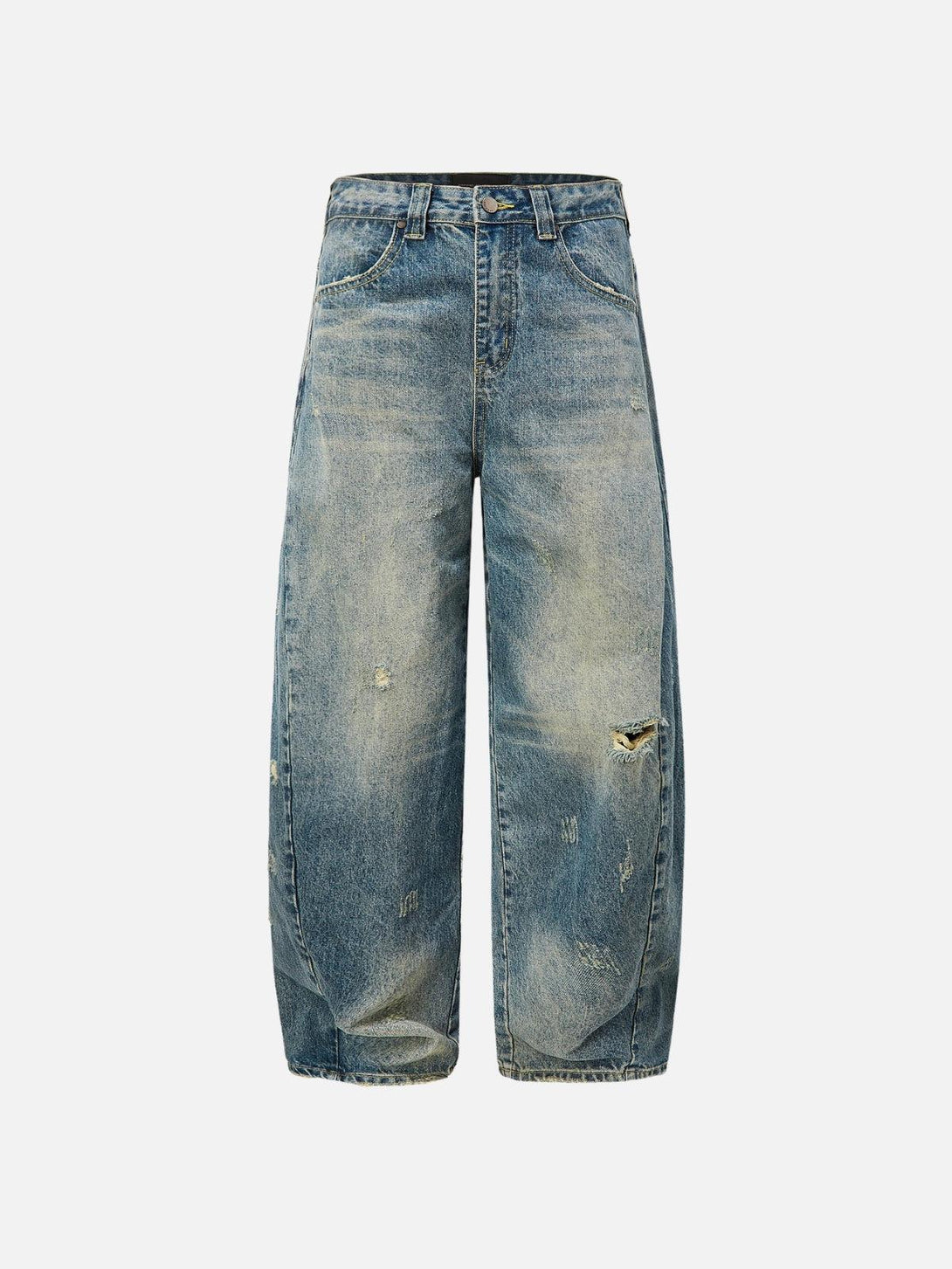 TALISHKO distressed washed barrel jeans front view, showcasing a relaxed and vintage style.