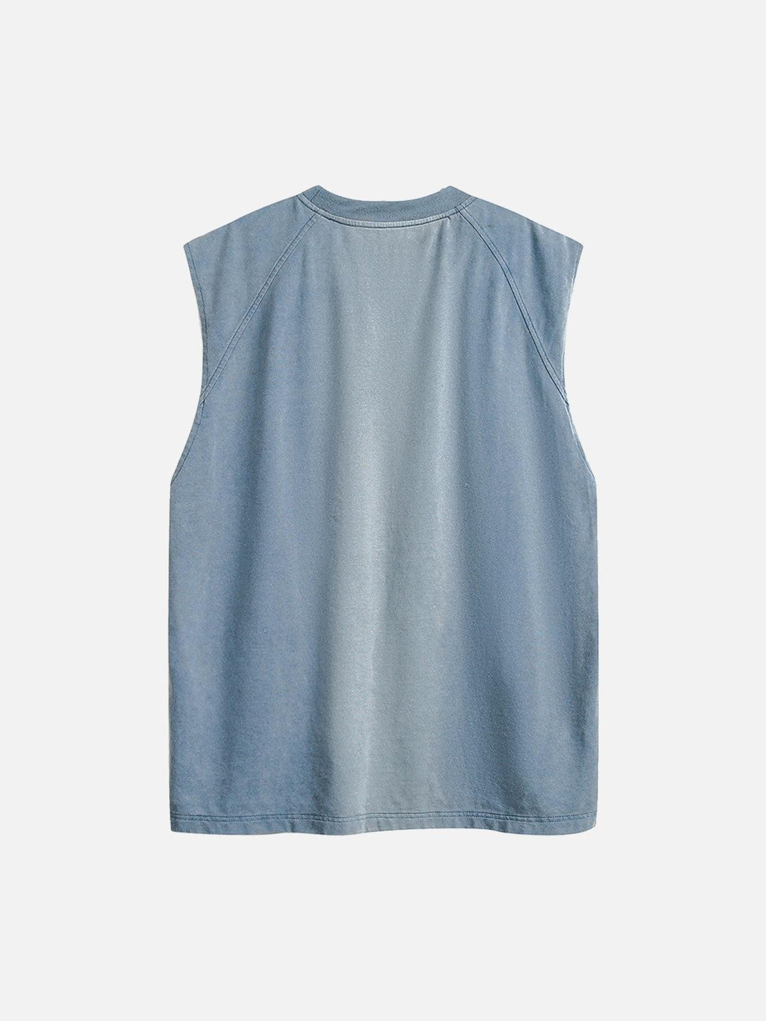 Back view of TALISHKO's gradient vest highlighting its distressed wash and sleeveless design.