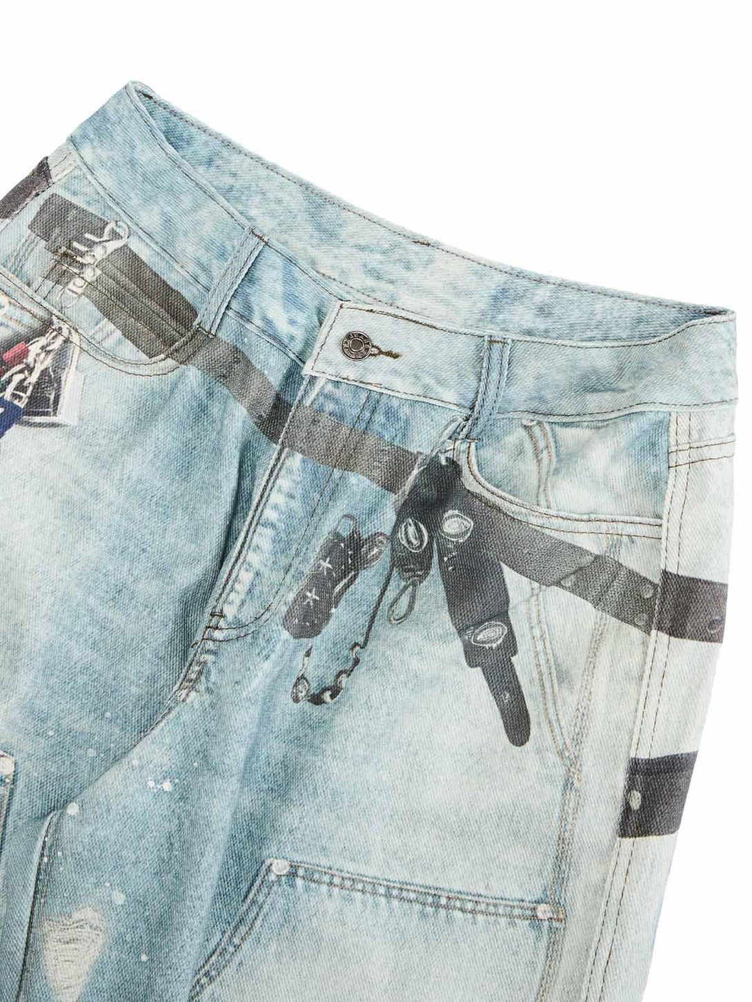 TALISHKO's baggy jeans feature an ink-splashed, chain print design with a unique distressed look.