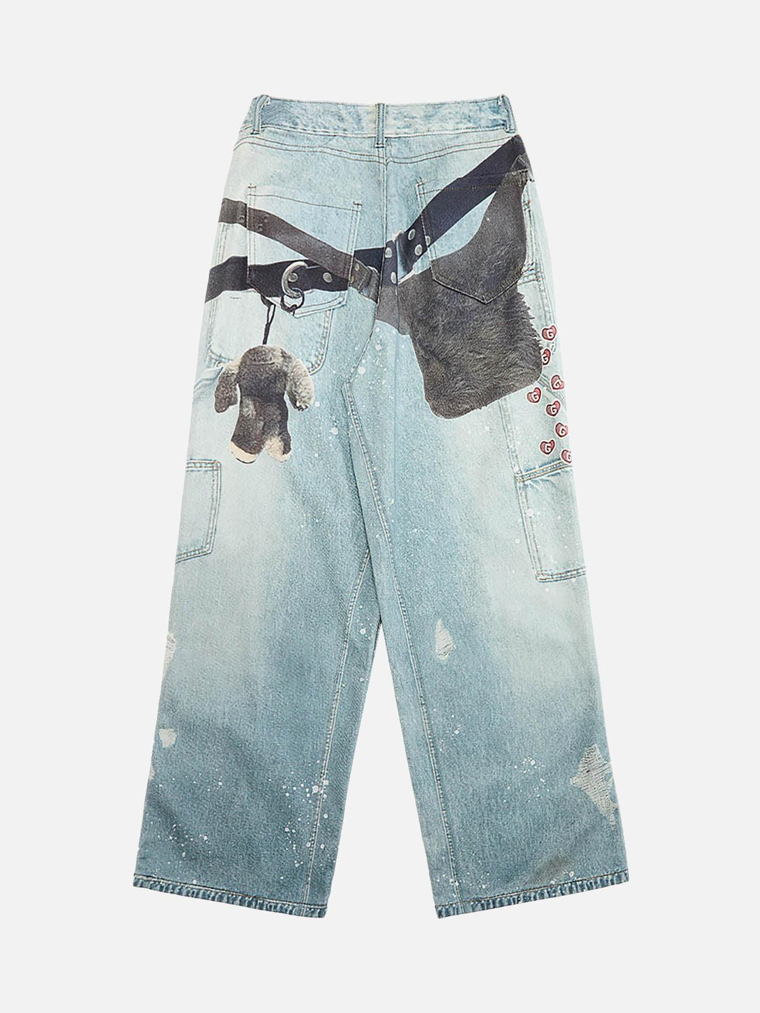 Back view of distressed baggy jeans with unique chain print and ink-splashed design by TALISHKO.