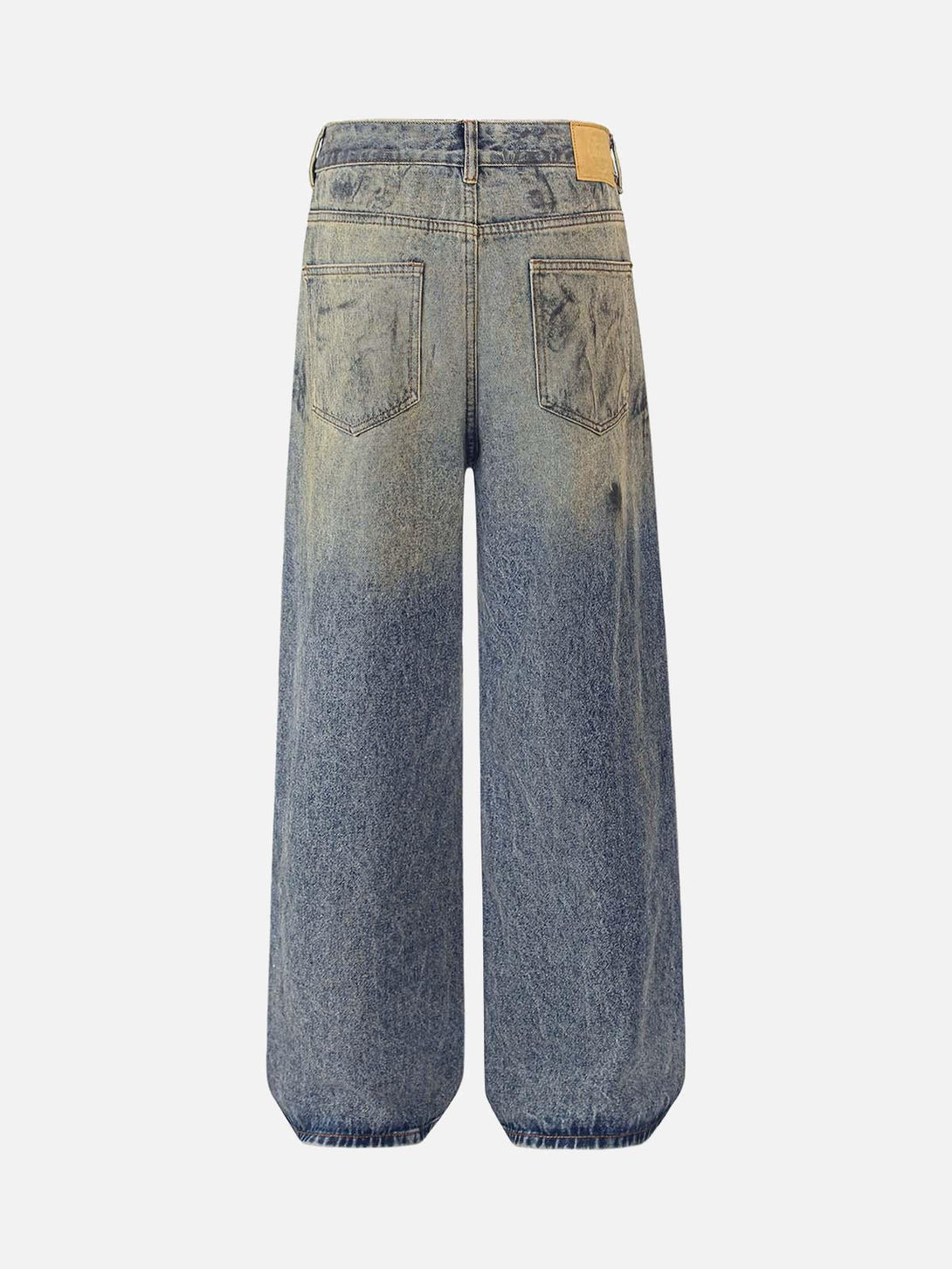 Back view of TALISHKO distressed jeans featuring a unique washed ink-splashed design.