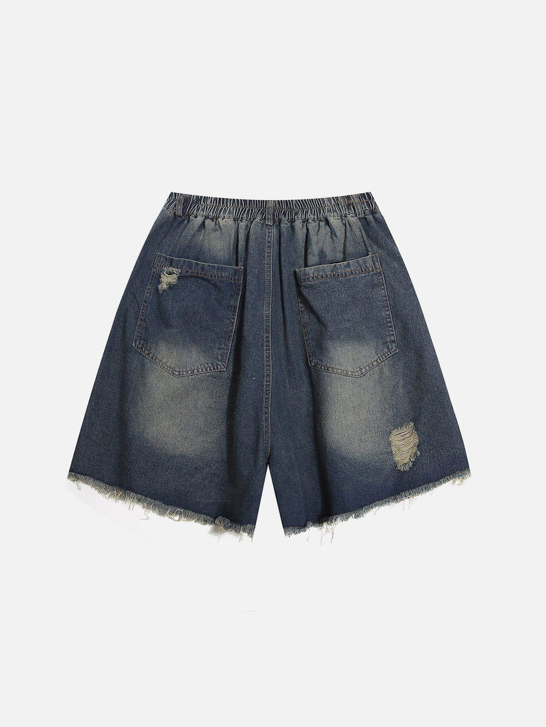 Back view of blue distressed jorts by TALISHKO with frayed edges and elastic waistband.