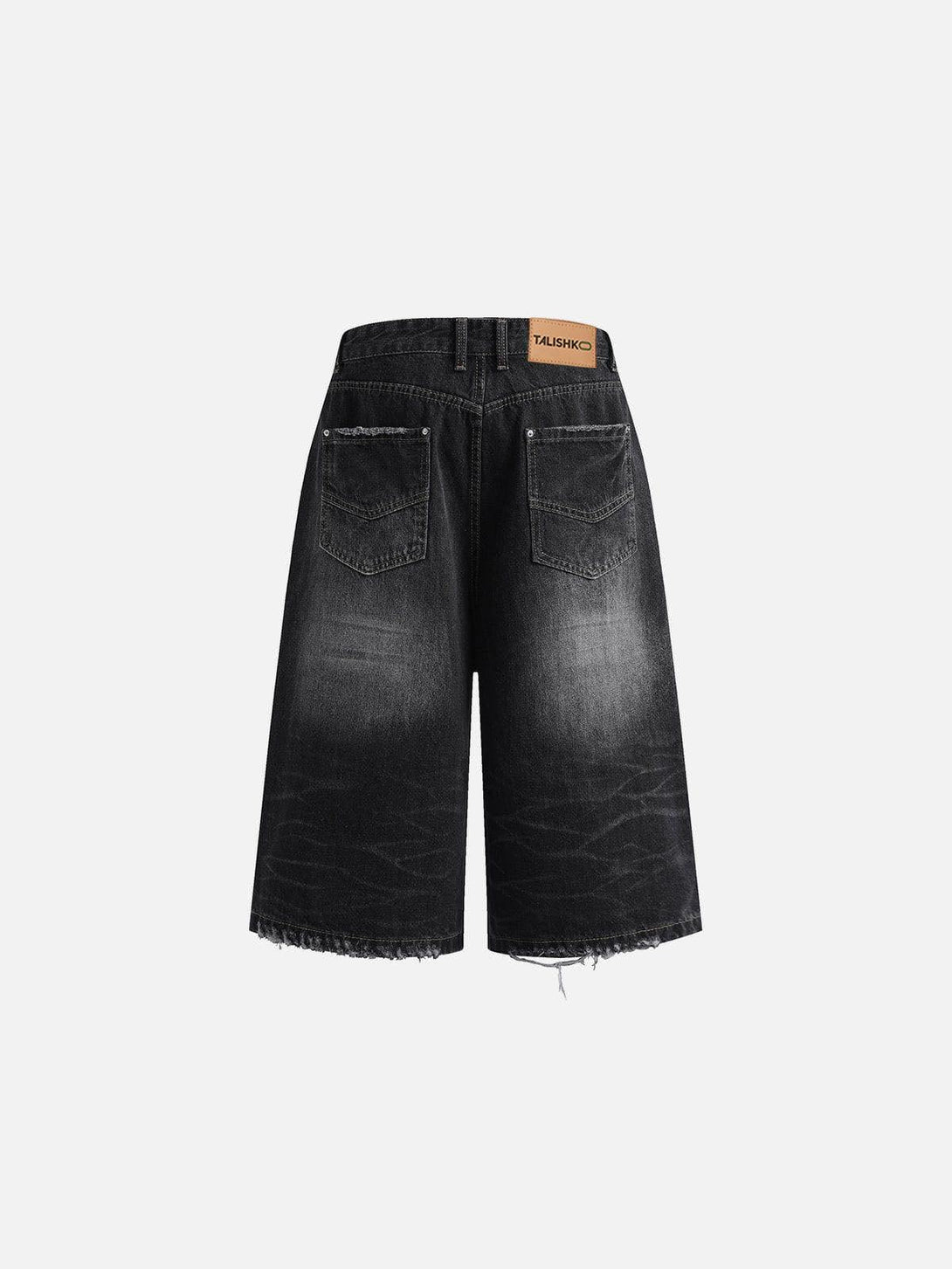 Back view of TALISHKO distressed jorts, highlighting a casual, washed black denim look.