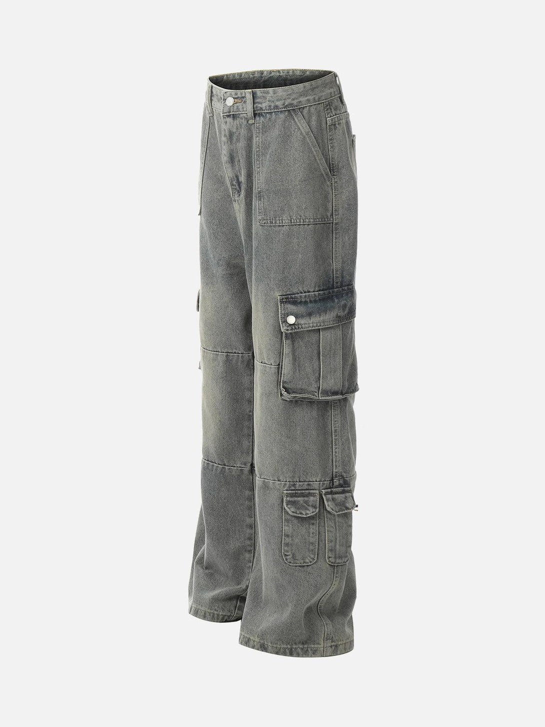 Side view of TALISHKO cargo jeans in distressed wash, showcasing multiple pockets and rugged style.