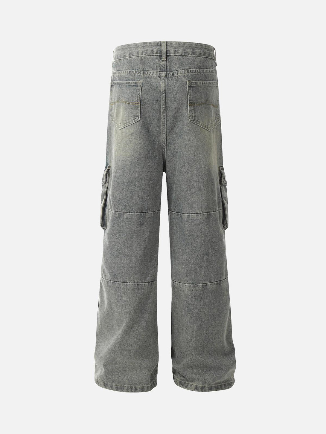 Back view of TALISHKO gray cargo jeans featuring a distressed wash and multiple pockets.