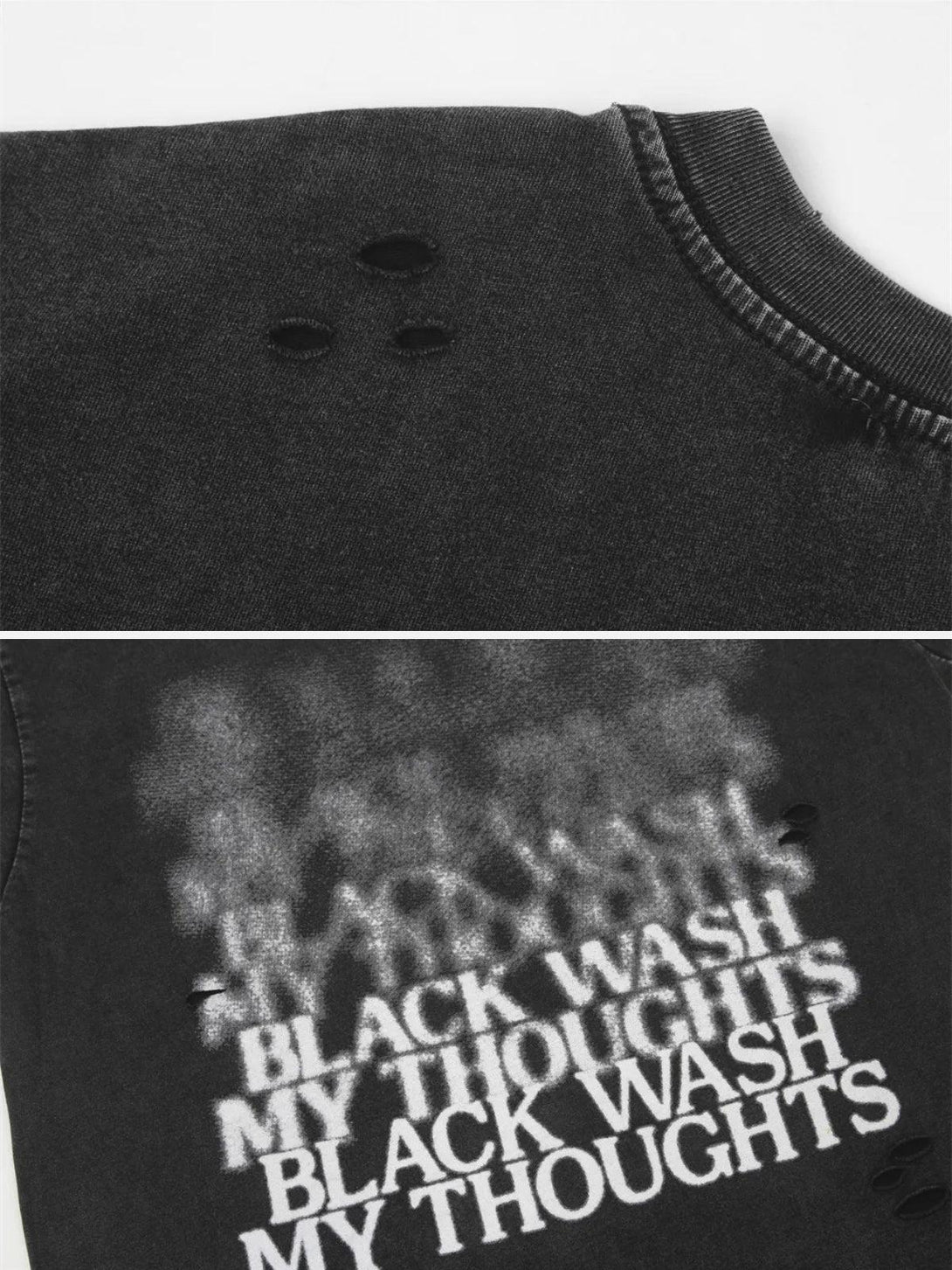 Intricate look at TALISHKO's distressed tee, highlighting unique ripped details and bold text.