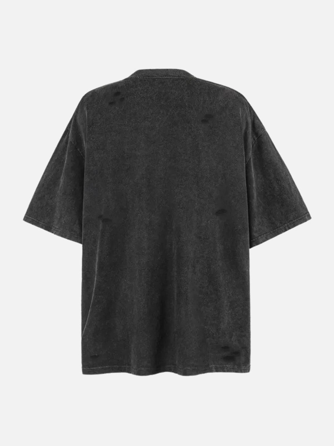 Back view of TALISHKO's distressed washed tee, featuring subtle ripped details for a casual look.