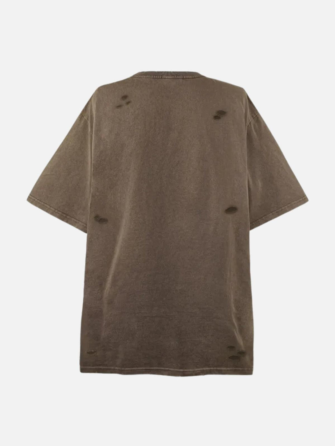 Back view of TALISHKO distressed washed tee, showcasing worn details and relaxed fit.