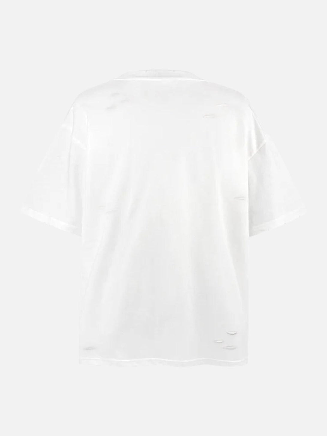 Back view of TALISHKO's distressed washed tee, highlighting its relaxed fit and worn details.