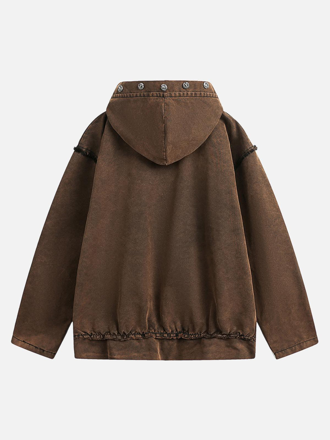 Back view of brown distressed hooded sweatshirt by TALISHKO, highlighting rivet accents.