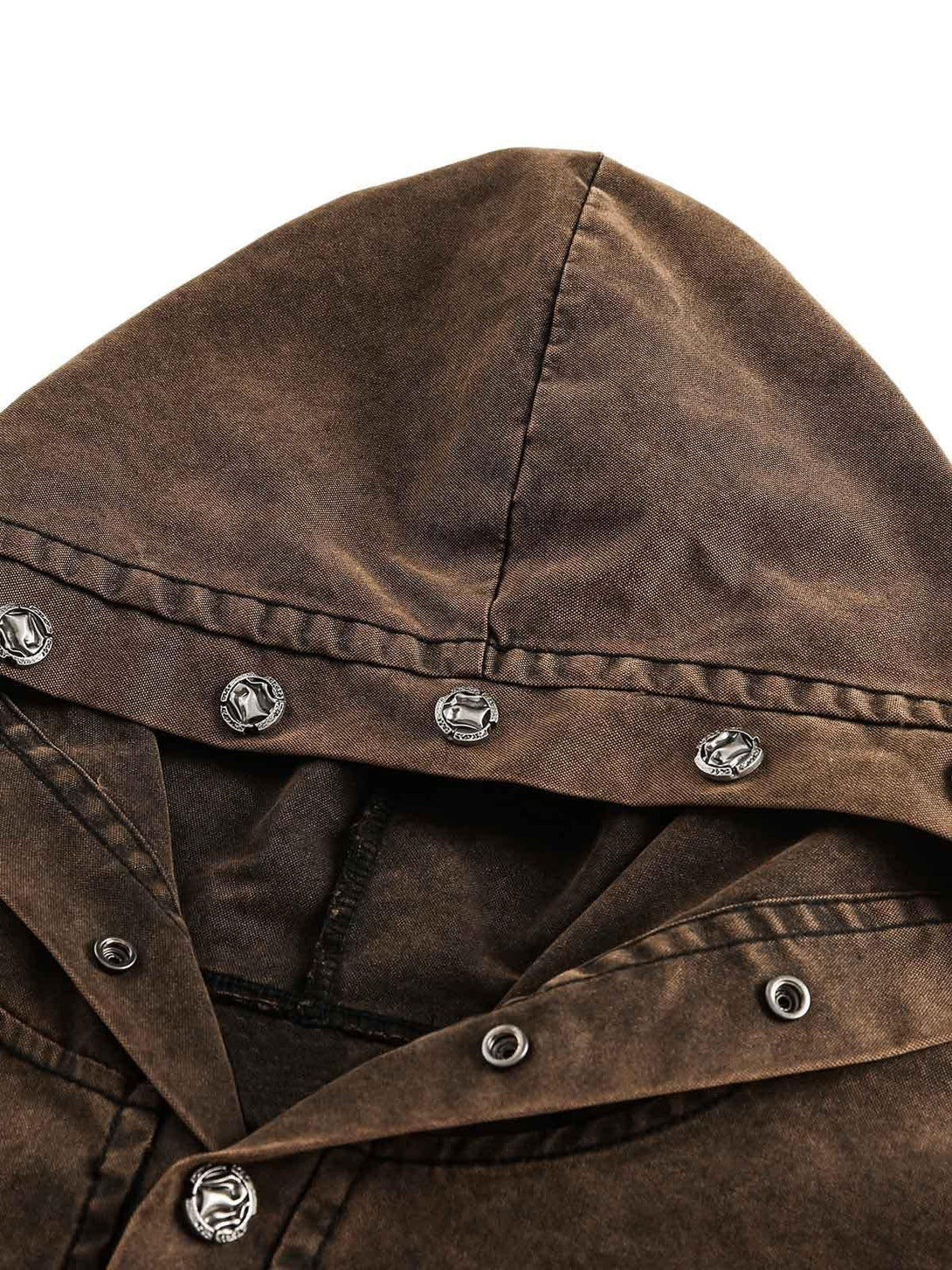 Detailed view of the distressed hood with rivet accents on the TALISHKO sweatshirt.