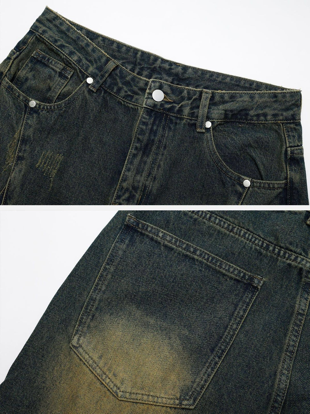 Focusing on the front and back details of distressed jeans with washed texture by TALISHKO.
