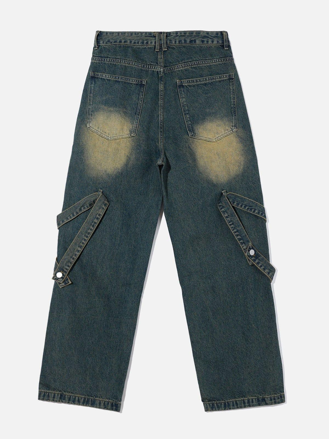 Back view of distressed jeans featuring unique straps and wash details by TALISHKO.