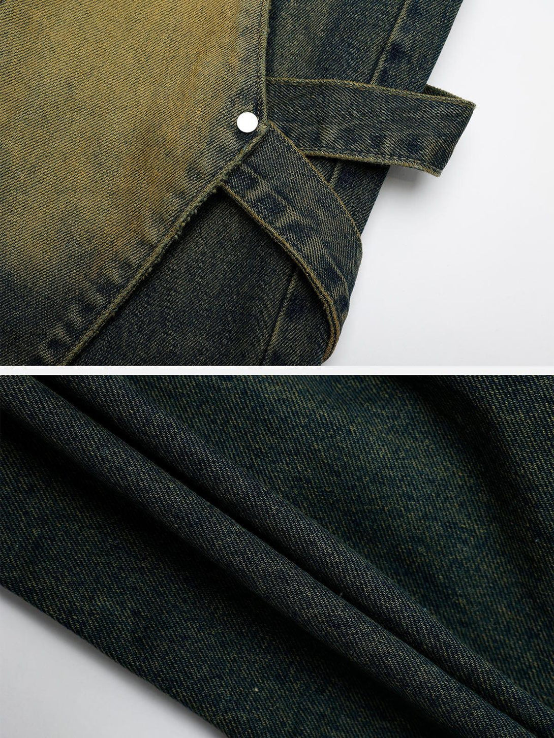 Detailed look at the distressed wash and stitching of jeans, highlighting unique style by TALISHKO.