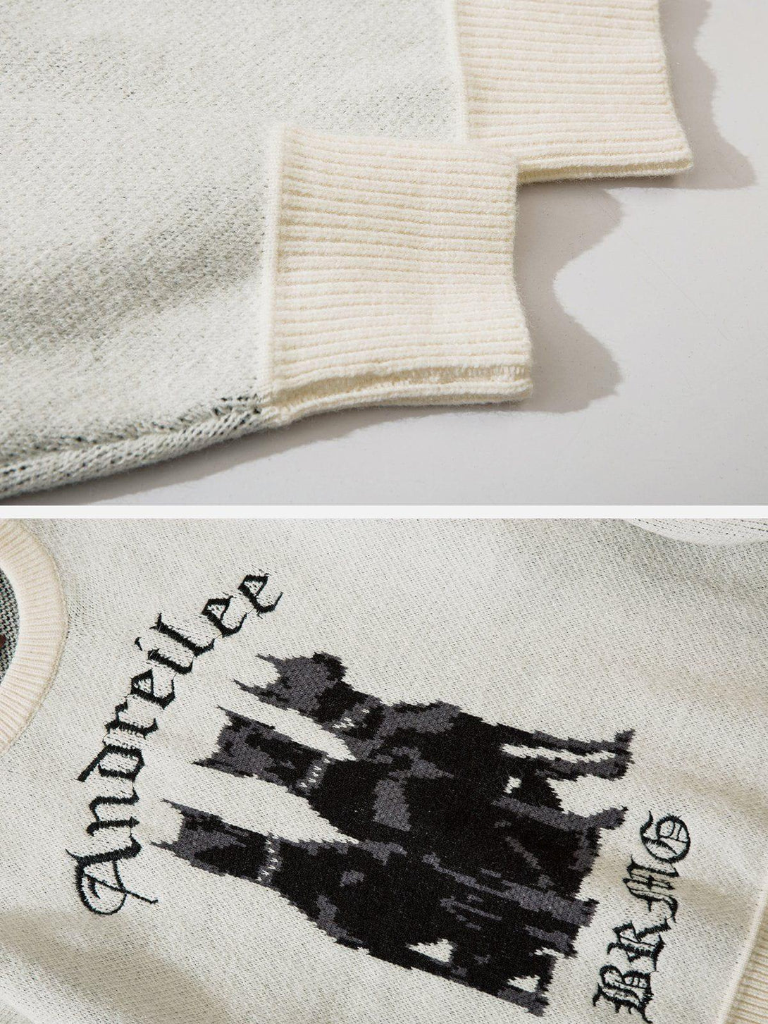 Detailed fabric and stitching of the TALISHKO sweater, highlighting ribbed cuffs and graphic design.