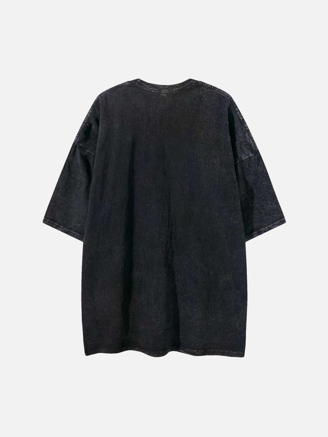 Back view of TALISHKO washed black t-shirt, showcasing a relaxed fit and casual style.