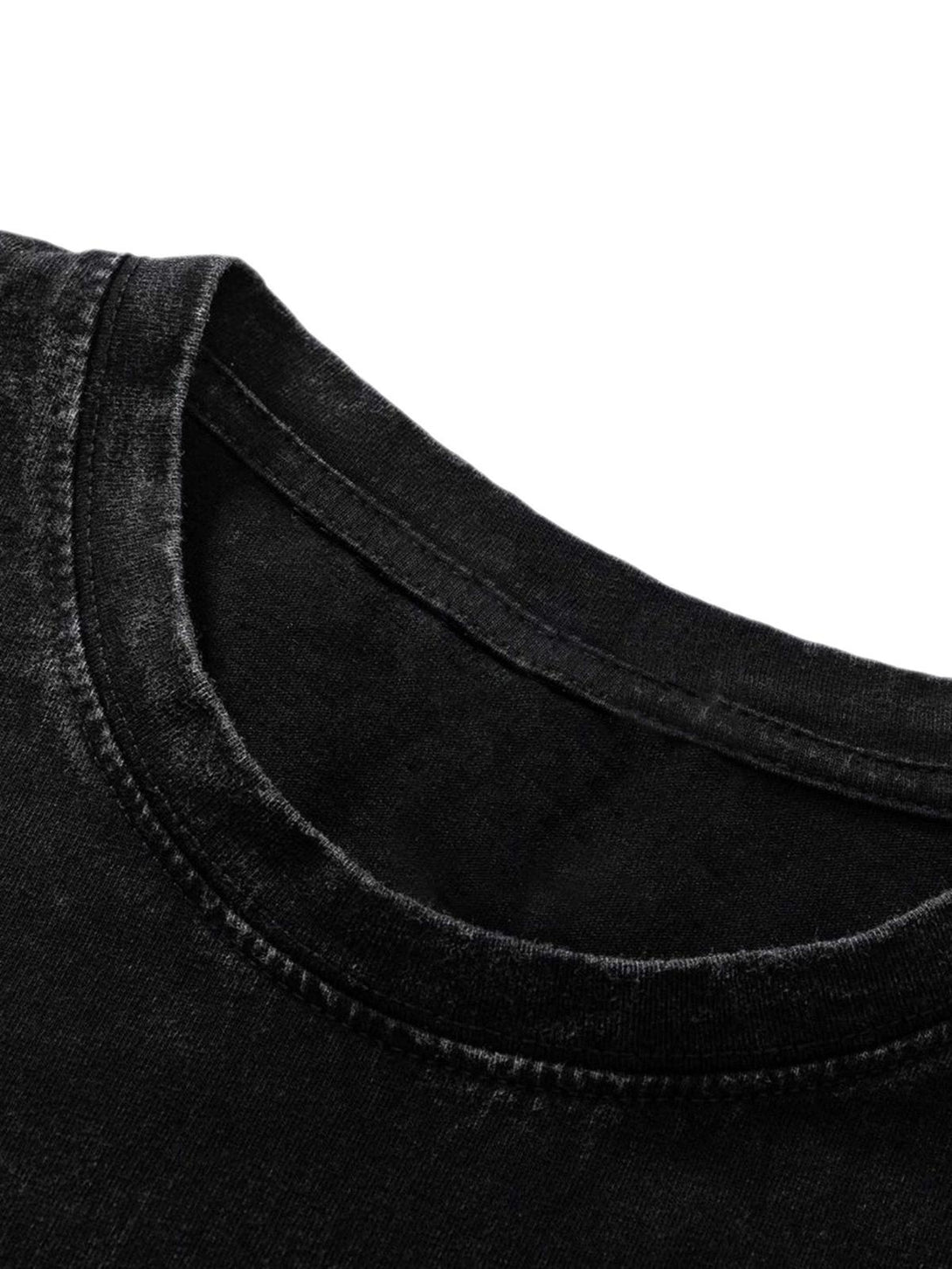 "Intricate look at TALISHKO's washed black t-shirt neckline, highlighting its texture."