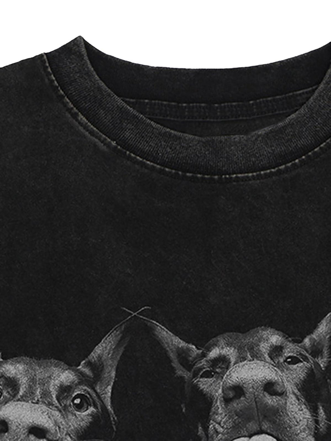 Zoomed-in look at TALISHKO's vintage T-shirt with a striking Doberman print design.