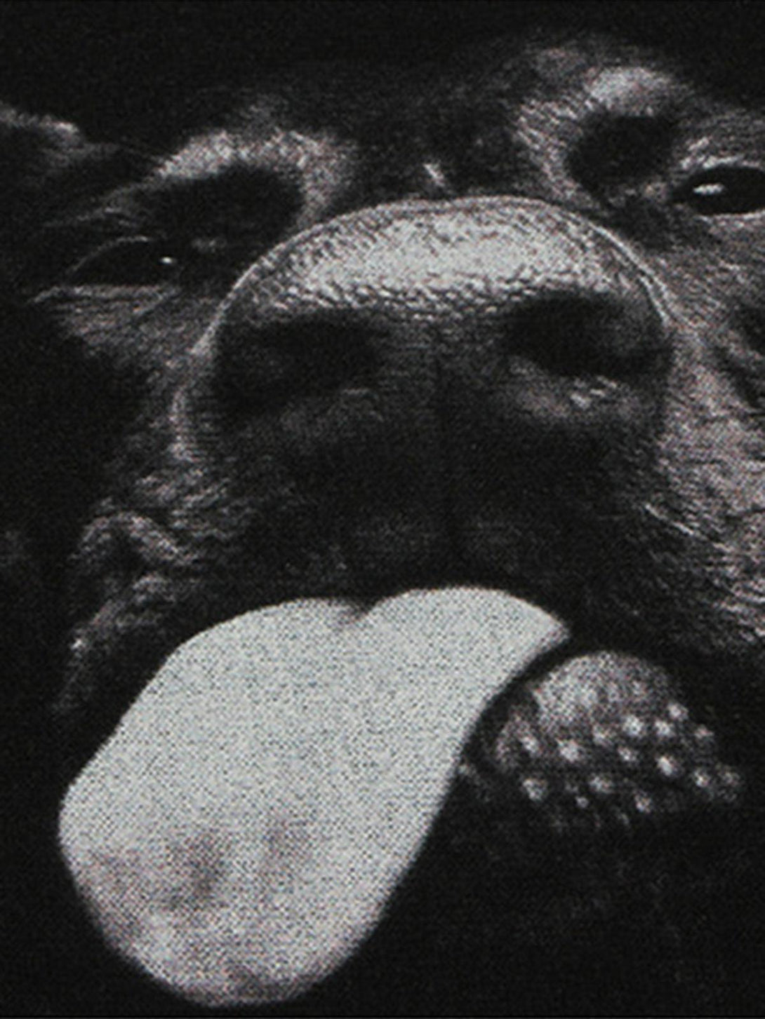 A close-up of TALISHKO's vintage T-shirt showcasing a bold Doberman print in monochrome.