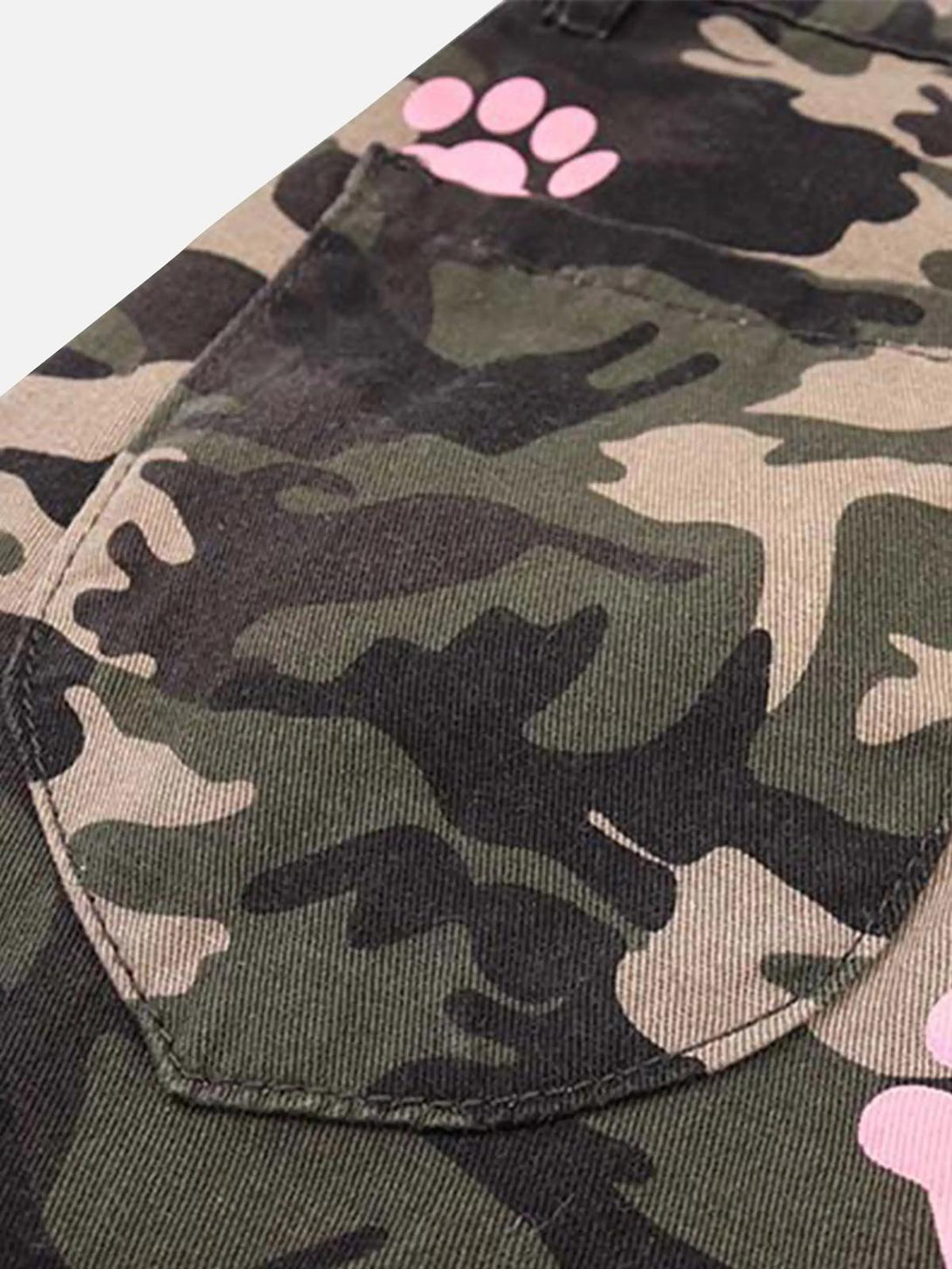 Zoomed-in look at TALISHKO camouflage pants, showcasing playful pink paw print details.