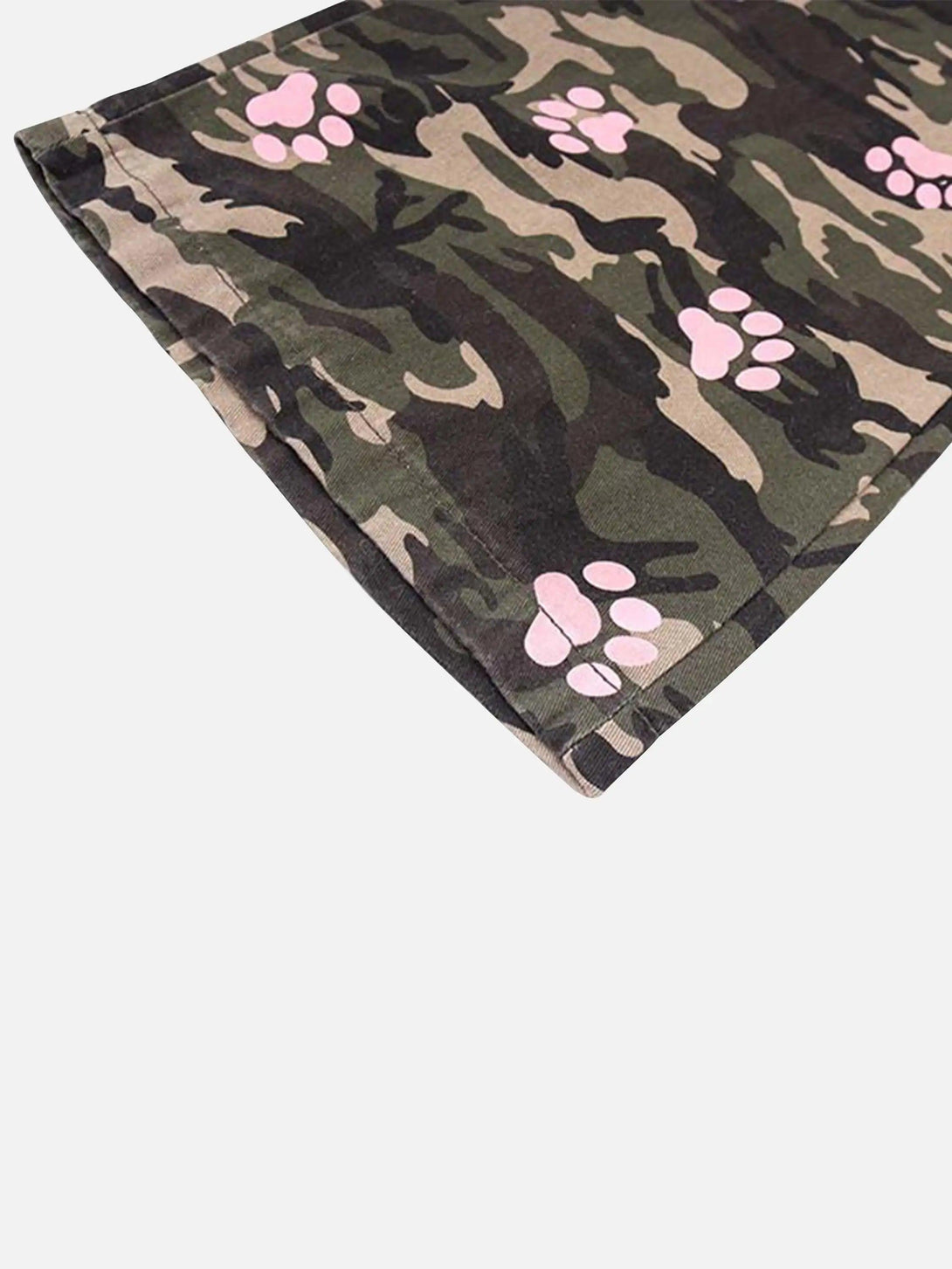 TALISHKO pants with camouflage and pink paw prints, showcasing playful and unique details.