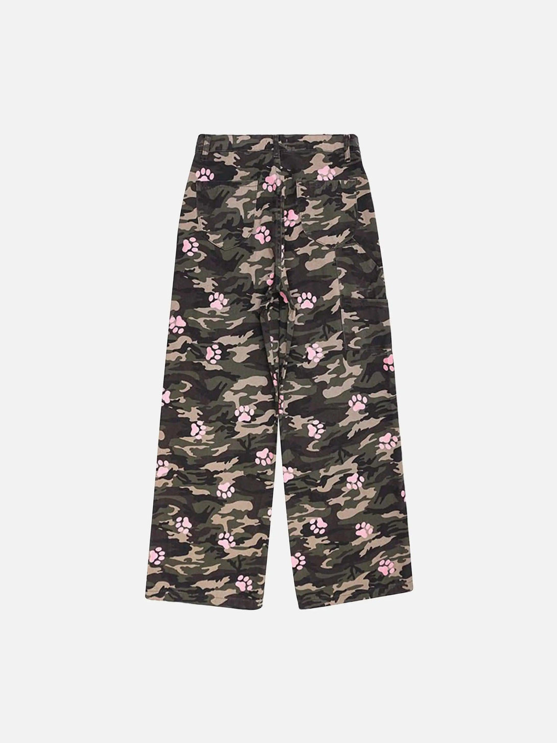 Back view of TALISHKO camouflage pants featuring playful pink paw prints for a unique style.