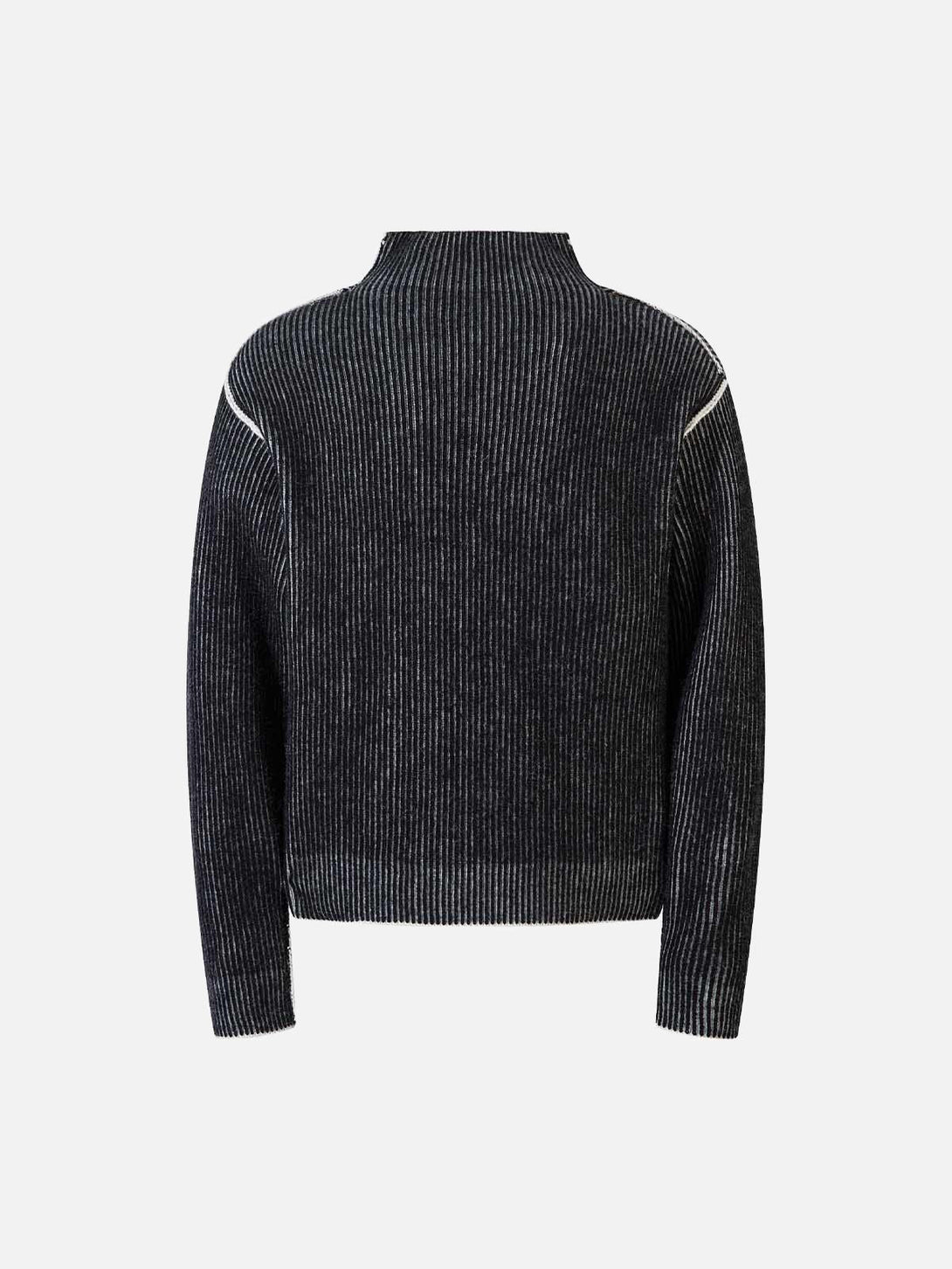 Back view of TALISHKO's double-sided sweater, showcasing ribbed texture and subtle stripe detail.