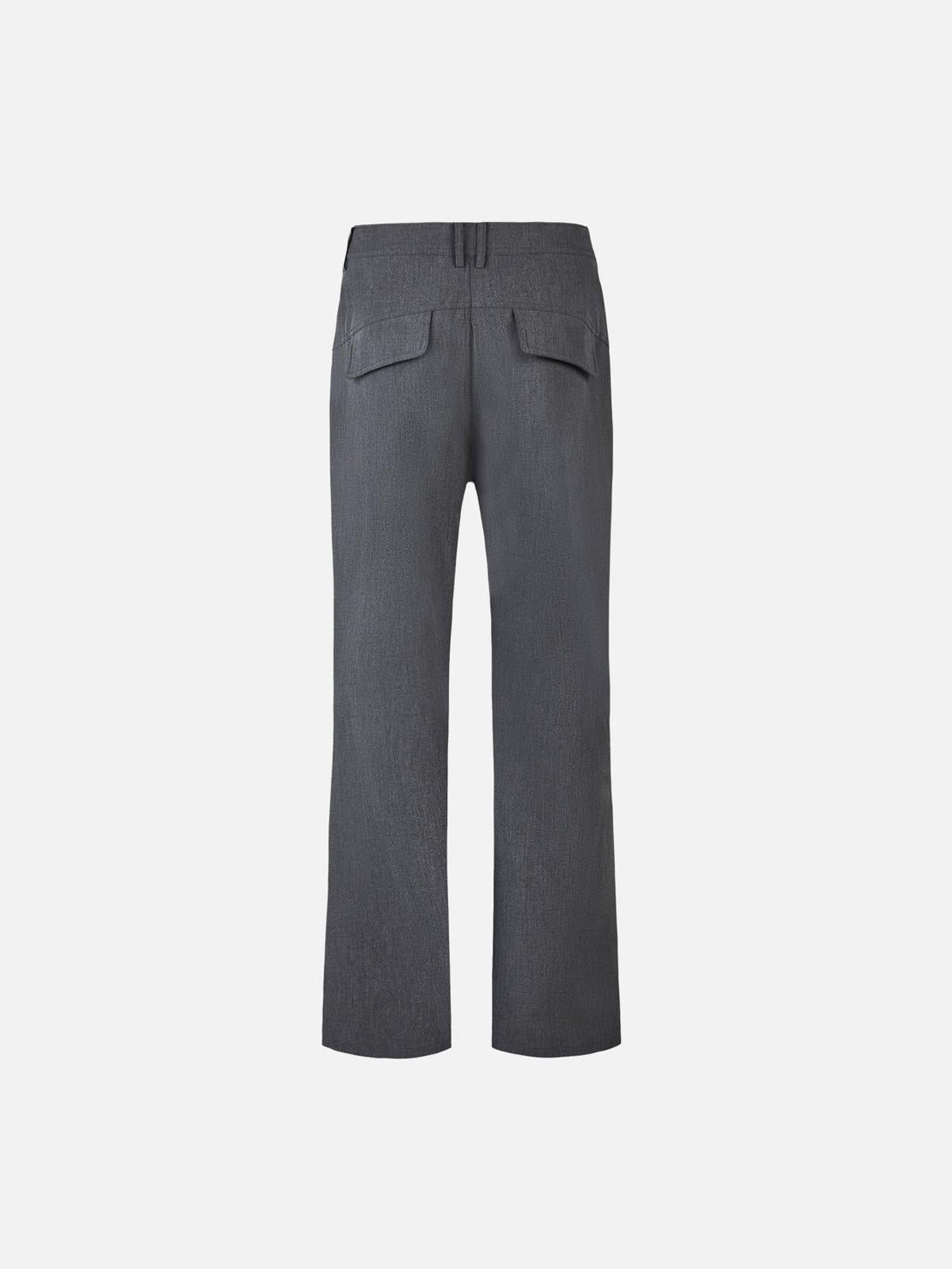 Back view of gray drape straight pants by TALISHKO, highlighting classic tailored details.