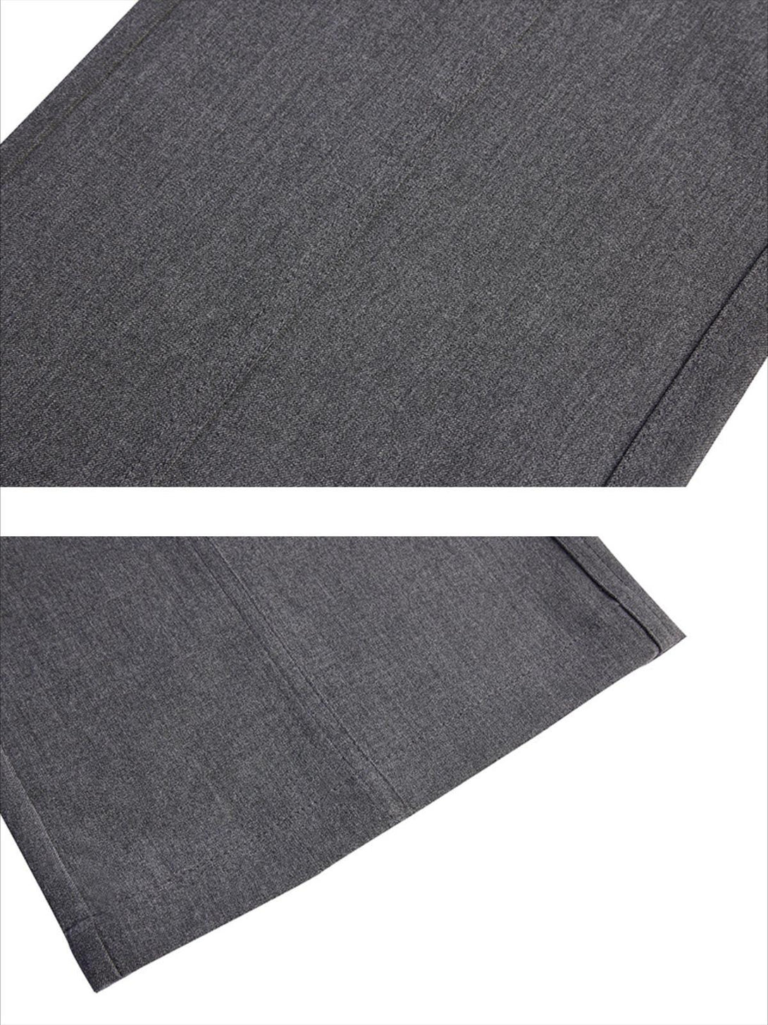 Intricate look at gray drape straight pants by TALISHKO, focusing on fabric and stitching.