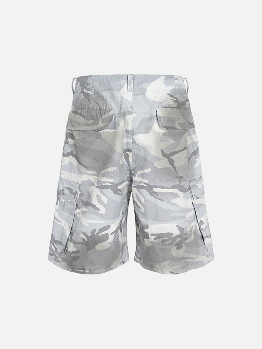 Back view of TALISHKO camouflage cargo shorts, featuring practical pockets and relaxed fit.