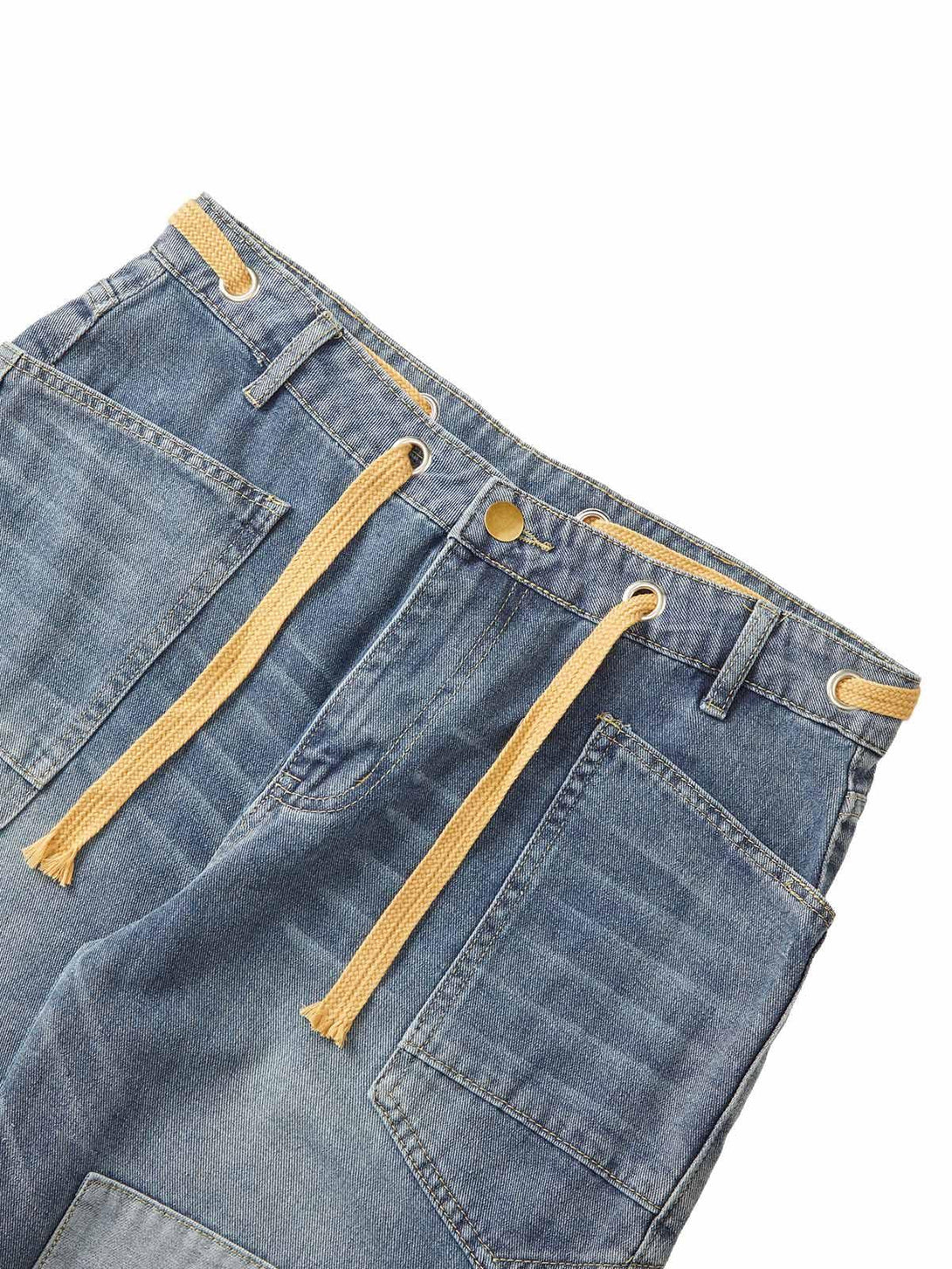 Front view of TALISHKO drawstring denim jeans with patch pockets and yellow cord detail.