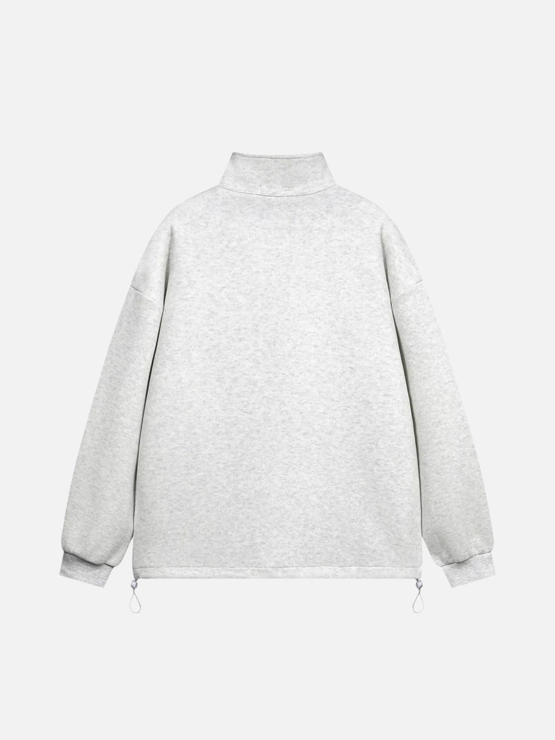 Back view of a gray stand collar sweatshirt with drawstring hem by TALISHKO.