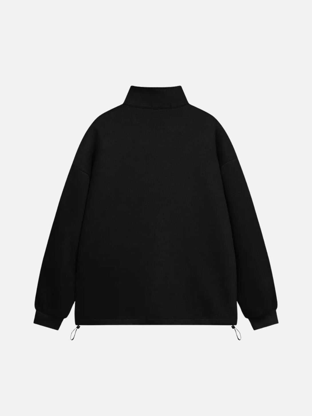 Back view of a black stand collar sweatshirt with a drawstring hem, crafted by TALISHKO.