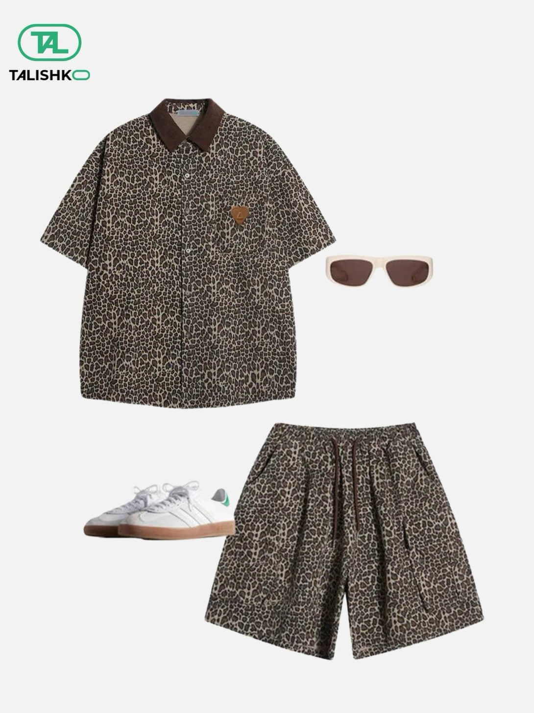 Leopard print shirt and shorts set with sneakers and sunglasses by TALISHKO for a trendy look.