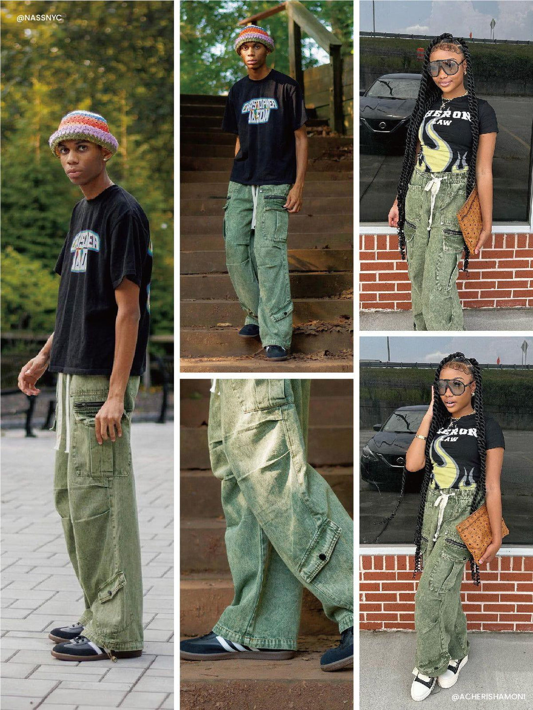Casual streetwear look featuring TALISHKO drawstring cargo jeans styled with graphic tees.