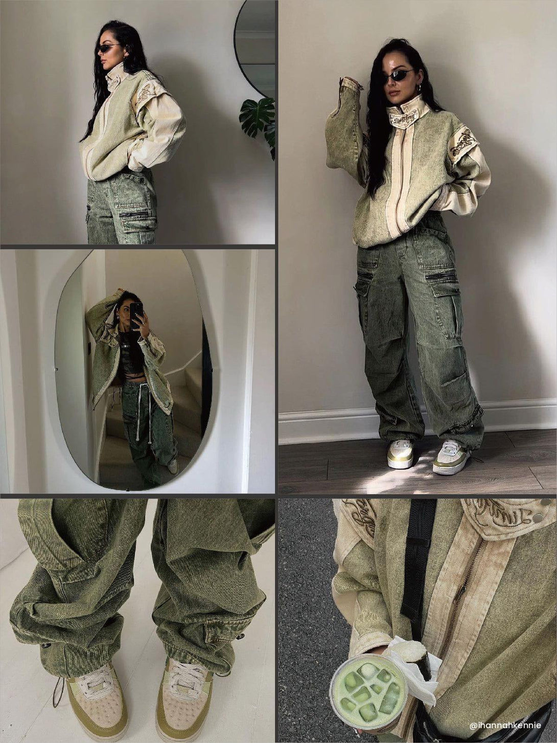 Model styled in TALISHKO drawstring cargo jeans and layered jacket, paired with trendy sneakers.