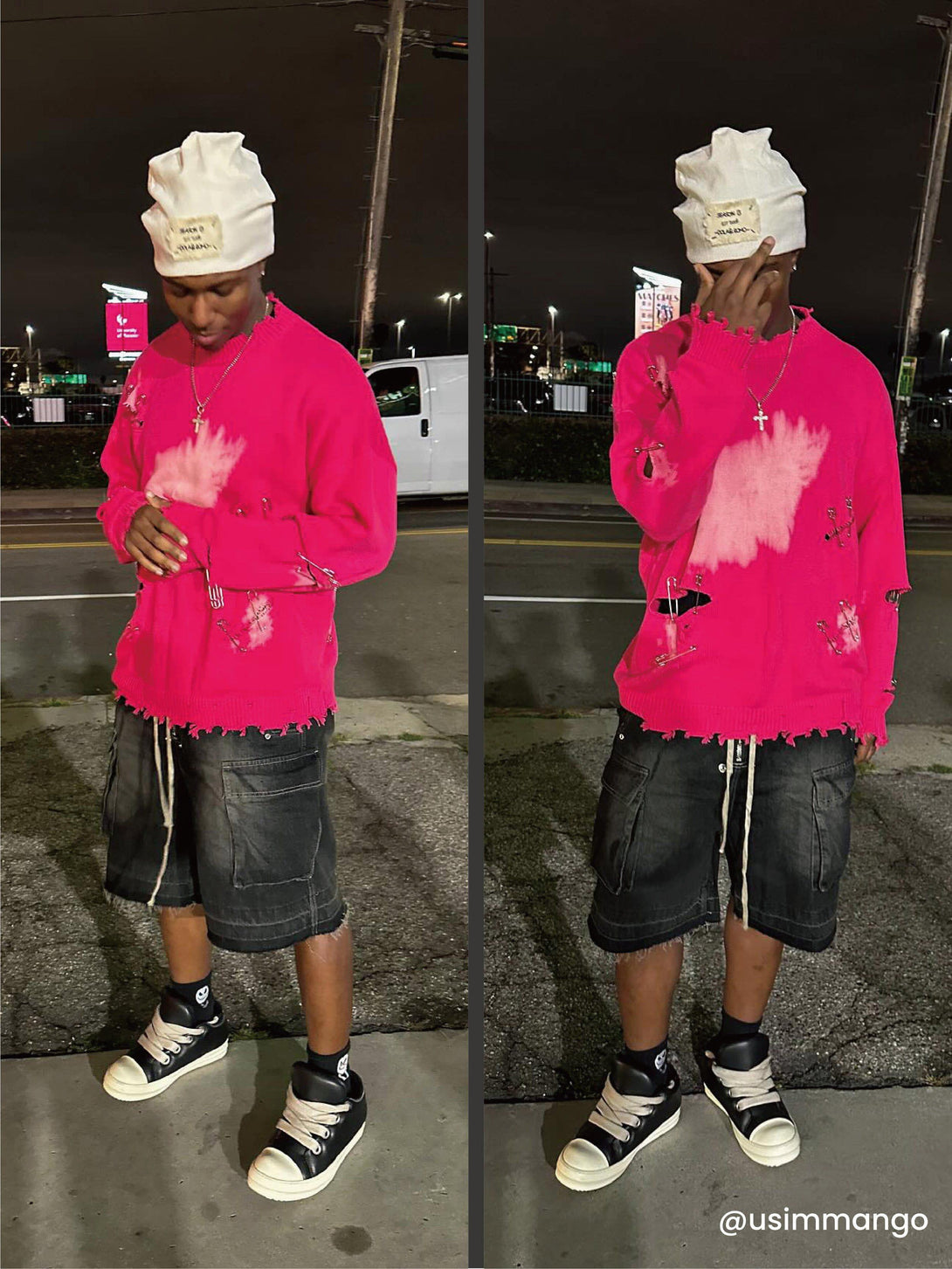 Model in TALISHKO's vibrant pink distressed sweater and drawstring jorts, styled for a night out.