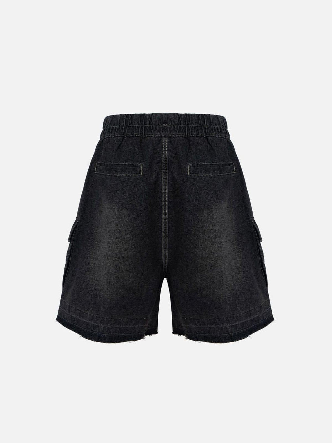 Back view of TALISHKO's drawstring washed jorts, showcasing casual pockets and relaxed fit.