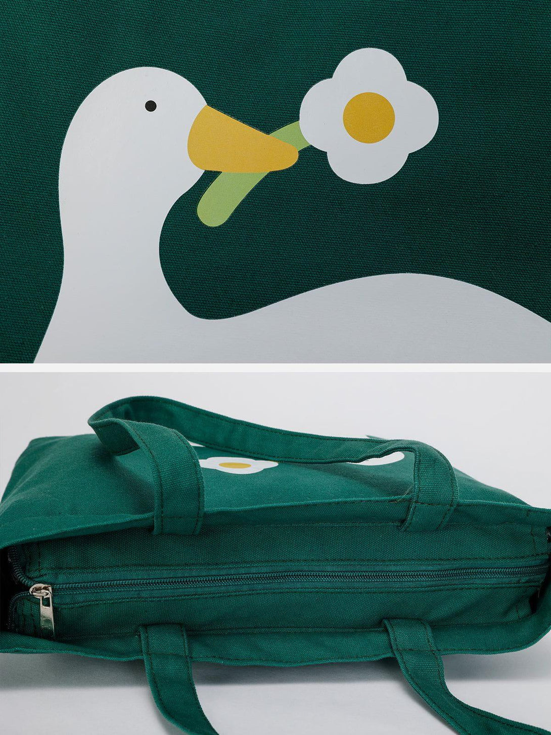 TALISHKO canvas bag with a quirky duck and flower print, showcasing a convenient side zipper.