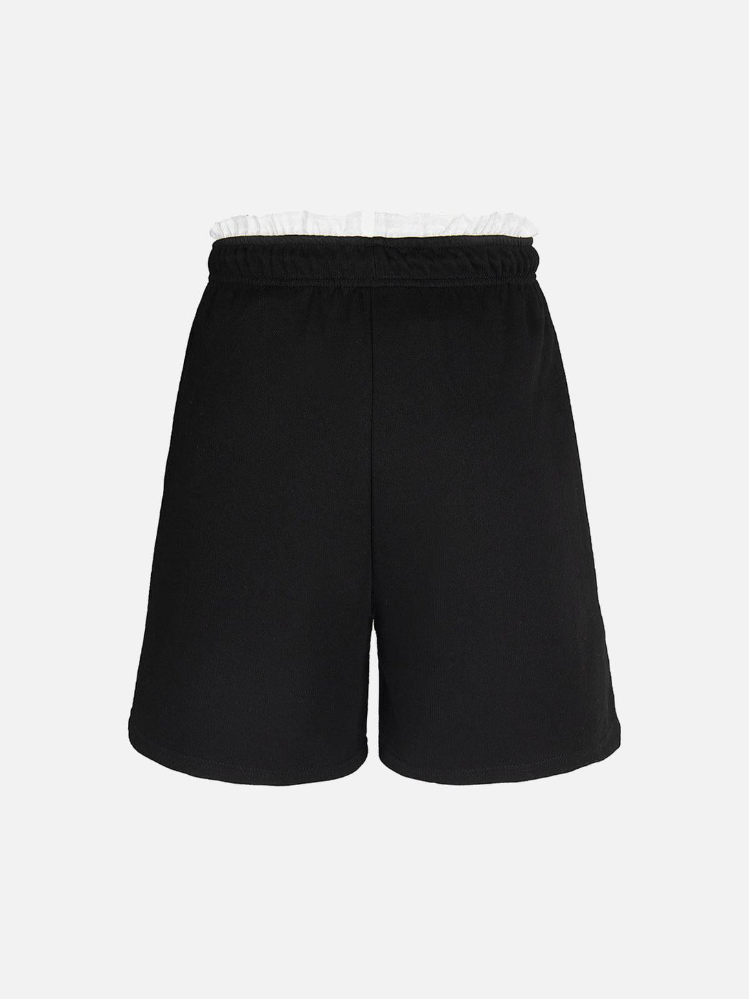 Back view of TALISHKO's black elastic shorts, featuring a stylish double waist design.