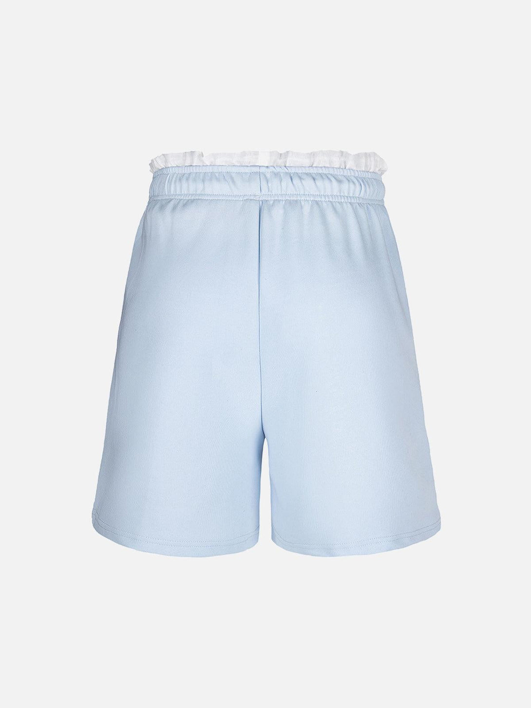 Back view of TALISHKO's light blue elastic shorts, showcasing the unique double waist design.