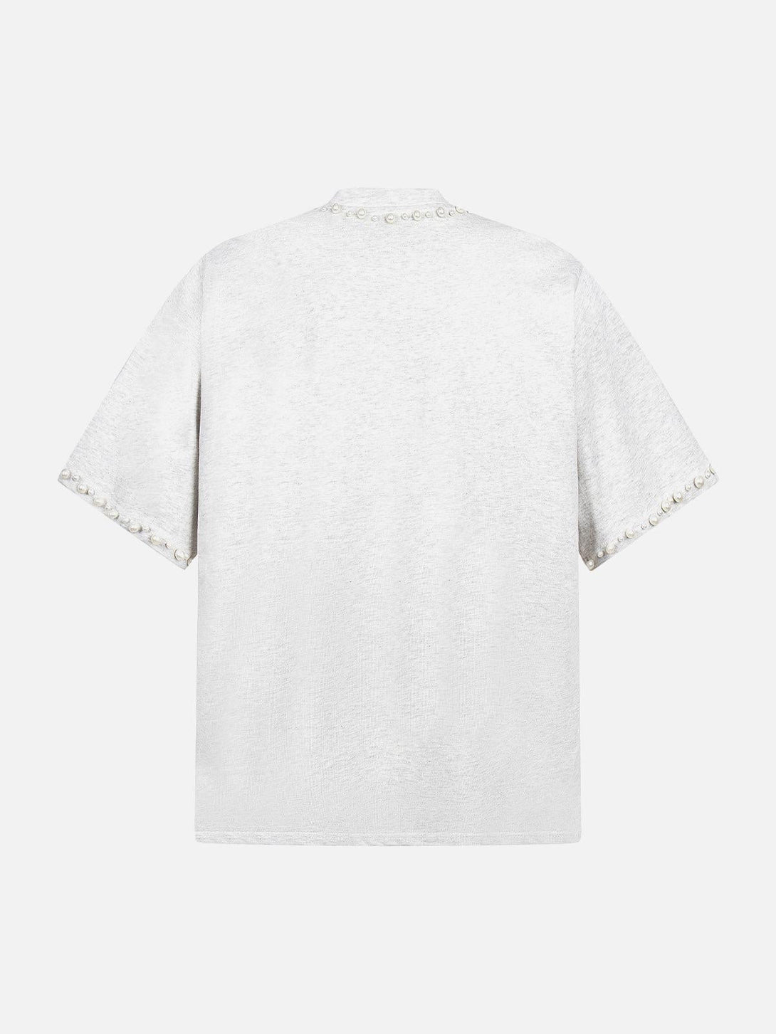 Back view of a white pearl-embellished oversized T-shirt by TALISHKO, showcasing summer style.
