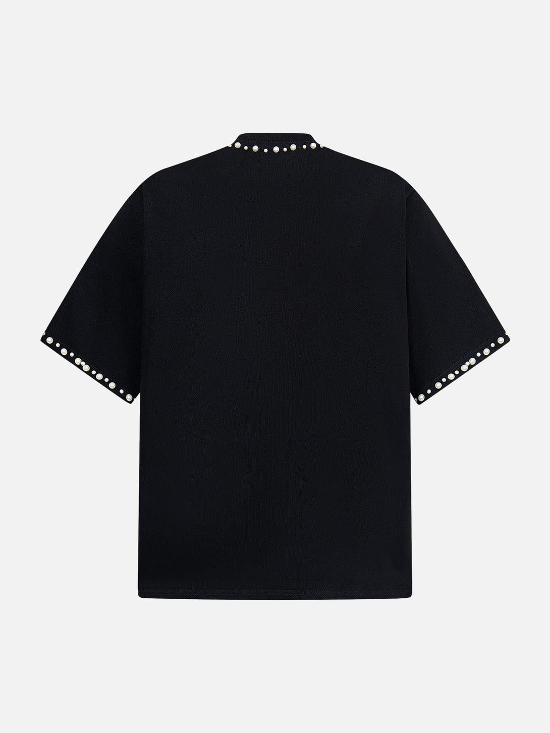 Back view of a pearl-embellished black oversized T-shirt by TALISHKO, showcasing elegant style.