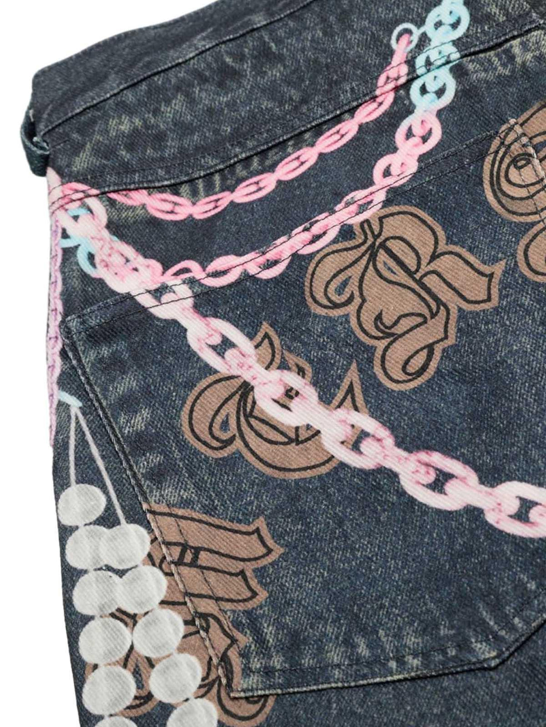 Intricate look at TALISHKO denim shorts showcasing colorful chain and pattern details.
