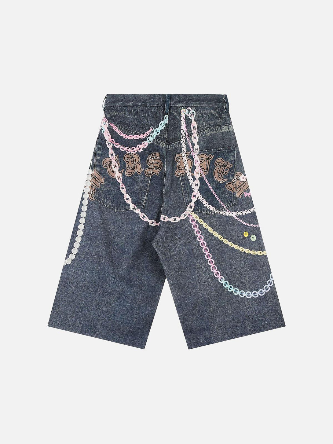 Back view of TALISHKO embellished denim shorts with colorful chain patterns for a trendy look.